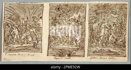 Zeichnen, Winter, die Schmiede des Vulkans, Frühling, Venusbad, Sommerfestspiele von Bacchus und Ceres; entworfen von Felice Giani (Italienisch, 1758–1823); Italien; Stift und braune Tinte, Bürste und braune Waschung über Graphitspuren auf cremefarbenem Papier; 12,3 x 25,5 cm (4 13/16 x 10 1/16 Zoll) Stockfoto