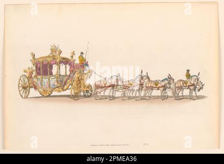 Printmedien, State Carriage of George III; entworfen von William Chambers (britisch, B. Schweden, 1726–1796); gemalt von Giovanni Battista Cipriani (Italienisch, 1727–1785, aktiv England, 1755–1785); Veröffentlicht von William Miller; Frankreich; Schwarze und verschiedene Farbtinten auf weißem Papier; Platemark: 24,2 x 35,7 cm (9 1/2 x 14 1/16 Zoll); 1948-89-17 Stockfoto