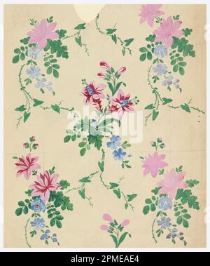 Zeichnen, Design for a Printed Fabric; Frankreich; Stift, Pinsel und schwarze Tinte, Aquarell, Gouache auf Papier; 11,2 x 8,5 cm (4 7/16 x 3 3/8 Zoll) Stockfoto