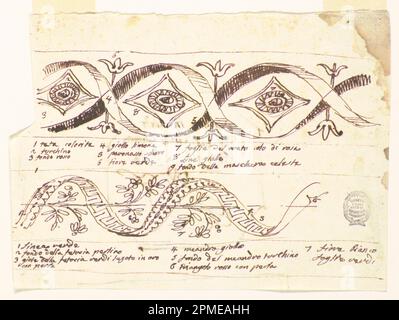 Zeichnung, Recto: Zwei Friese mit Blumen Verso: Skizze für eine dekorative Malerei; entworfen von Felice Giani (Italienisch, 1758–1823); Italien; Stift und braune Tinte auf Papier; 14,8 x 19,8 cm (5 13/16 x 7 13/16 Zoll) Stockfoto