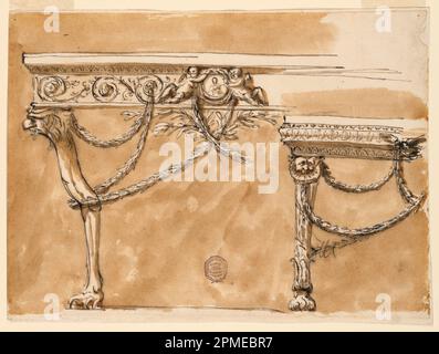 Zeichnung, Konsolentische; Architekt: Giuseppe Barberi (Italienisch, 1746–1809); Italien; Stift und braune Tinte, Pinsel und braunes Waschen auf weißem, liegendem Papier; Bild: 20,6 x 28,6 cm (8 1/8 x 11 1/4 Zoll) Stockfoto