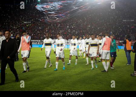 Buenos Aires, Argentinien. 12. April 2023. Boca Juniors-Spieler, die nach dem Spiel zwischen San Lorenzo und Boca Juniors als Teil des Liga Profesional de Futbol 2023 im Pedro Bidegain Stadium gesehen wurden. Endstand San Lorenzo 1:0 Boca Juniors. Kredit: SOPA Images Limited/Alamy Live News Stockfoto