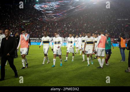 Buenos Aires, Argentinien. 12. April 2023. Boca Juniors-Spieler, die nach dem Spiel zwischen San Lorenzo und Boca Juniors als Teil des Liga Profesional de Futbol 2023 im Pedro Bidegain Stadium gesehen wurden. Endstand San Lorenzo 1:0 Boca Juniors. (Foto: Roberto Tuero/SOPA Images/Sipa USA) Guthaben: SIPA USA/Alamy Live News Stockfoto