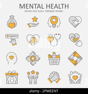 Symbole für psychische Gesundheit, wie Spende, Wohltätigkeit, Empathie, Freiwillige und mehr. Vektordarstellung auf weiß isoliert. Bearbeitbare Kontur. Stock Vektor