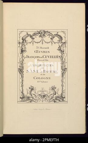 Druck, Titelseite von OEUVRES/DE/CUVILLIWESS/PÈRE ET FILS/3E RECUEIL/1R BAND; entworfen von Francois de Cuvilliés the Younger (Deutsch, 1731-1777); Veröffentlicht von Nicolas Jean Baptiste de Poilly (Frankreich, 1712 – ca. 1758); Frankreich; schwarze Tinte und Graphit auf cremefarbenem, geflachtem Papier; Blatt: 44,2 x 29 cm (17 3/8 x 11 7/16 Zoll) Stockfoto