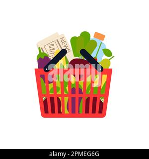Online-Shopping, Lebensmittellieferung. Symbole zum Ausdrücken, Lieferung nach Hause. Einkaufswagen, Lebensmittelwagen für Veganer mit Gemüse und Obst. Vektordarstellung Stock Vektor