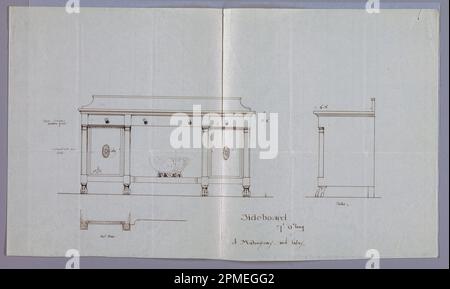 Zeichnen, Design in drei Ansichten für Mahagoni und Inlay Sideboard; entworfen von A.N. Davenport Co.; Stift und schwarze Tinte auf dünnem cremefarbenem Papier; 24,4 x 42,5 cm (9 5/8 x 16 3/4 Zoll) Stockfoto