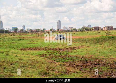 Die Skyline von Nairobi aus dem Nairobi Nationalpark, Kenia Stockfoto