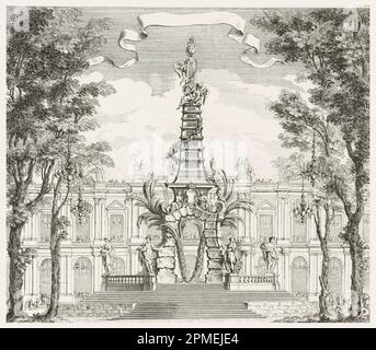 Printwerbung, Projet d'un feu d'Artifice dans un Jardin (Design für Feuerwerk in einem Garten), Platte 114, in Oeuvres de Juste-Aurèle Meissonnier (Werke von Juste-Aurèle Meissonnier); entworfen von Juste-Aurèle Meissonnier (Französisch, B. Italien, 1695–1750); Gravur von Gabriel; Gravur: 1695–1772; Gravur; 32 x 33,3 cm (12 5/8 x 13 1/8 Zoll) Stockfoto