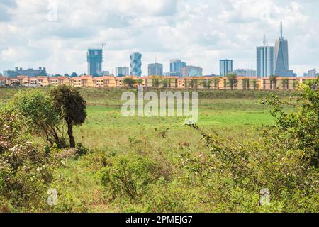 Die Skyline von Nairobi aus dem Nairobi Nationalpark, Kenia Stockfoto