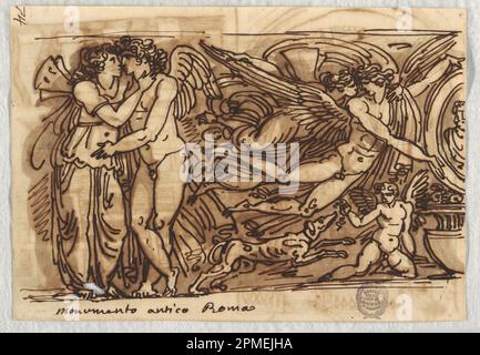 Zeichnen, Frieze with Psyche and Love; Entworfen von Felice Giani (Italienisch, 1758–1823); Italien; Stift und Tinte, Bürste und braunes Waschen auf Papier; 21,8 x 15,4 cm (8 9/16 x 6 1/16 Zoll) Stockfoto