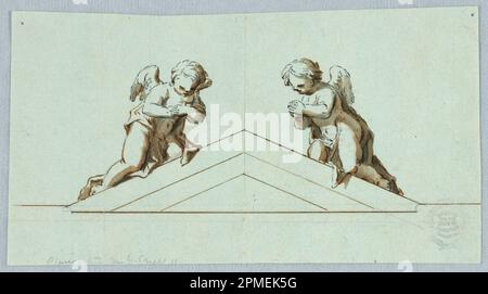 Zeichnen, Projekt für einen Alten mit Engeln und Pediment; Italien; Graphit, Stift und Tinte, Pinsel und Wasserfarbe auf hellblauem Papier Stockfoto