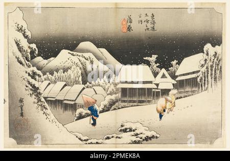 Woodblock Print, Kambara, Snow at Twilight, in den 53 Stationen der Tokaido Road (Tokaido Gojusan Tsugi-no Uchi); Ando Hiroshige (Japanisch, 1797 - 1858); Japan; Holzblockdruck (Ukiyo-e) auf Maulbeerpapier (Washi); 24 x 36,5 cm (9 7/16 x 14 3/8 Zoll) Stockfoto