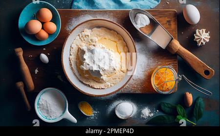 Hintergrundbanner wird gebacken. Brotzubereitung verschiedene Zutaten zum Kochen von Teig auf einem dunklen rustikalen Tisch. Draufsicht, flach liegend. Stockfoto