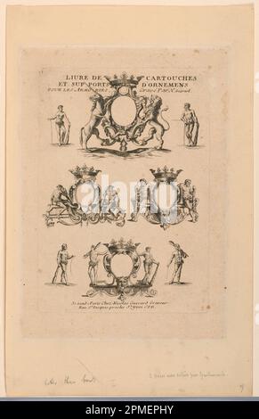 Print, Design for Coat of Arms, von „Livre de cartouch“; Print Maker: Nicolas Guérard (Französisch, 1648–1719); Frankreich; Ätzen auf Papier; 26,3 x 18,3 cm (10 3/8 x 7 3/16 Zoll) Stockfoto