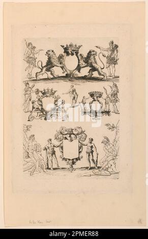 Print, Design for Coat of Arms, von „Livre de cartouch“; Print Maker: Nicolas Guérard (Französisch, 1648–1719); Frankreich; Ätzen auf Papier; 26,6 x 18,1 cm (10 1/2 x 7 1/8 Zoll) Stockfoto