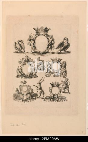 Print, Design for Coat of Arms, von „Livre de cartouch“; Print Maker: Nicolas Guérard (Französisch, 1648–1719); Frankreich; Ätzen auf Papier; 26,5 x 18,2 cm (10 7/16 x 7 3/16 Zoll) Stockfoto