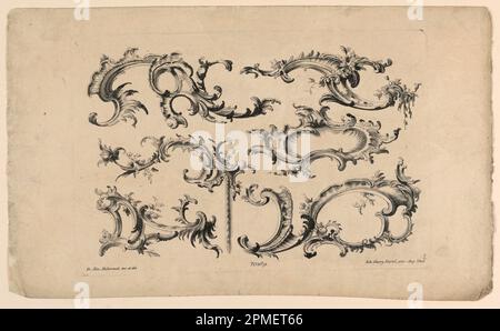 Print, Rocaille Motifs, aus Set Nr. 169; entworfen von Franz Xaver Habermann (Deutsch, B. Polen, 1721–1796); Print Maker: Johann Georg Hertel (Deutsch, ca. 1700-1776); Deutschland; Ätzen auf Papier; Platte: 20,3 x 30,1 cm (8 Zoll X 11 7/8 Zoll) Papier: 24,8 x 41,2 cm (9 3/4 x 16 1/4 Zoll) Stockfoto