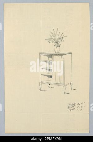 Zeichnung, Design für vierbeinigen Schrank mit Vorhang; entworfen von A.N. Davenport Co.; Stift und schwarze Tinte auf dünnem cremefarbenem Papier; 27,3 x 17,8 cm (10 3/4 x 7 Zoll) Stockfoto