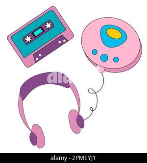 Kollektion von bunten Aufklebern und Ikonen im Stil von 90s. Vektordarstellung im Retrostil aus der Ära der 90s Jahre. Alte Kassette und Player mit Kopfhörer Stock Vektor