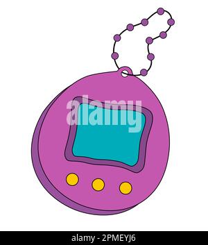 Tamagotchi-Spielzeugvektordarstellung. Klassisches digitales Pocket Game-Symbol und -Sticker. Lila Retro-Tamagotchi mit Display, Kette und Knöpfen. Stock Vektor