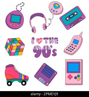 Kollektion von bunten Aufklebern und Ikonen im Stil von 90s. Retro-Set aus der Ära der 90s Jahre. Vintage Tetris, tamagotchi, Kassette, Rollschuhe, Diskette Stock Vektor