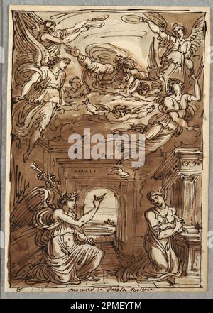 Skizzenbuch Folio, The Annunciation, Study after Innocenza da Imola; entworfen von Felice Giani (Italienisch, 1758–1823); Italien; Stift und braune Tinte, Bürste und hellbraune Wäsche über schwarzer Kreide auf weißem Papier; 21,8 x 15,3 cm (8 9/16 x 6 Zoll) Stockfoto