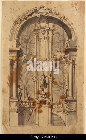 Gemalt, bogenförmiger Eingang mit Treppe; entworfen von Giovanni Battista Natali III (Italienisch, 1698 - 1765); Italien; Stift und braune Tinte, graue Wäsche auf liegendem Papier Stockfoto