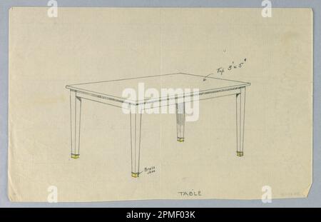 Zeichnung, Design für vierbeinigen rechteckigen Tisch; entworfen von A.N. Davenport Co.; Graphit- und gelber Farbstift auf dünnem, cremefarbenem Papier; 17,1 x 27,6 cm (6 3/4 x 10 7/8 Zoll) Stockfoto