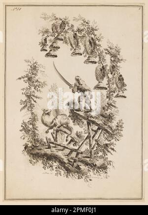 Print, Plate 8, „Suite de douze Pêcheurs et Chasseurs“; entworfen von Jean-Baptiste Pillement (Französisch, 1728–1808); Frankreich; Ätzen auf Papier; 32,9 x 23,5 cm (12 15/16 x 9 1/4 Zoll) Stockfoto