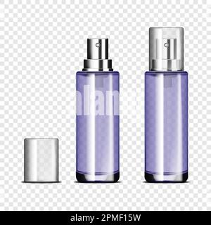 Leere Glassprühflasche mit durchsichtigem Verschluss auf transparentem Hintergrund, Vektormodell. Behälter für Kosmetikprodukte, Modell Stock Vektor