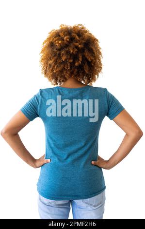 Birassische Frau in blauem T-Shirt mit Kopierbereich auf weißem Hintergrund. Kleidung, Mode, Stil und Design. Stockfoto