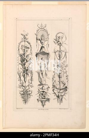 Printseite 4 von „Quatrieme Livre contenant des Montans où Pilastres Inventés par G. M. Oppenort Architecte du ROI et Gravés par Huquier“; entworfen von Gilles-Marie Oppenord (Französisch, 1672–1742); geätzt von Gabriel Huquier (Französisch, 1695–1772); Frankreich; Ätzen auf Papier; 41,4 x 27,9 cm (16 5/16 Zoll). X 11 Zoll); 1959-85-22 Stockfoto