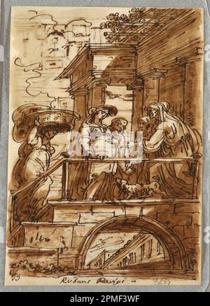 Zeichnung, Studie der Visite, nach Peter Paul Rubens; entworfen von Felice Giani (Italienisch, 1758–1823); Italien; Stift und Tinte, Bürste und braune wäschefarbene Farben auf Papier; 21,8 x 15,4 cm (8 9/16 x 6 1/16 Zoll) Stockfoto