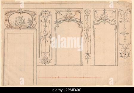 Zeichnung, Höhe einer Wand mit alternativen Vorschlägen; zugeordnet zu Nicolas Pineau (Französisch, 1684-1754); Frankreich; Stift und Tinte, roter Stift, Graphit auf Papier Stockfoto