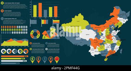 Detaillierte Karte für China mit Infografiken. Vektordarstellung. Stock Vektor