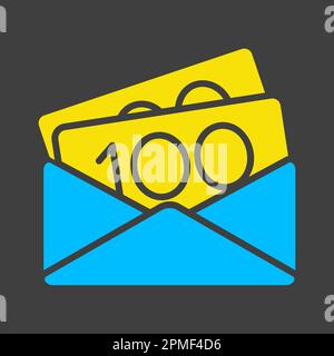 Geöffneter Umschlag mit monetärer Glyphe auf dunklem Hintergrund. Vektordarstellung, Romantikelemente. Aufkleber, Patch, Marke, Karte für die Ehe, va Stock Vektor