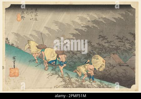 Woodblock Print, Shono, Rainorm, in den 53 Stationen der Tokaido Road (Tokaido Gojusan Tsugi-no Uchi); Ando Hiroshige (Japanisch, 1797 - 1858); Veröffentlicht von Hoeido Firm; Japan; Holzblockdruck (ukiyo-e) auf Maulbeerpapier (Washi); 24 x 36,4 cm (9 7/16 x 14 5/16 Zoll). Stockfoto