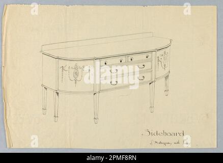 Zeichnen, Design für Mahagoni Inlay Sideboard mit neoklassizistischen Motiven; entwickelt von A.N. Davenport Co.; Stift und schwarze Tinte auf dünnem cremefarbenem Papier; 18,1 x 27,3 cm (7 1/8 x 10 3/4 Zoll) Stockfoto