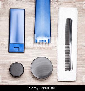 Haarpflege- und Stylingprodukte für Männer. Männerkosmetik Stockfoto