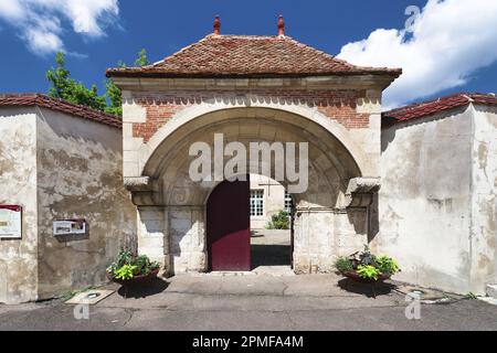 Frankreich, Meurthe et Moselle, Liverdun, Detailansicht der Presbyterietür und Zugang zur Touristenrezeption des Bassin de Pompejus Stockfoto