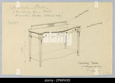 Zeichnung, Design für Sideboard/Serviertisch aus Mahagoni und Inlay; entworfen von A.N. Davenport Co.; Stift und schwarze Tinte, Graphit, auf dünnem cremefarbenem Papier; 18,4 x 27,9 cm (7 1/4 x 11 Zoll) Stockfoto