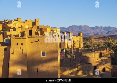 Marokko, Provinz Zagora, N'Kob (oder Nkob), das Dorf mit 45 Kasbahs, Djebel Saghro im Hintergrund Stockfoto