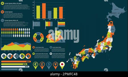 Detaillierte Karte für Japan mit Infografiken. Vektordarstellung. Stock Vektor