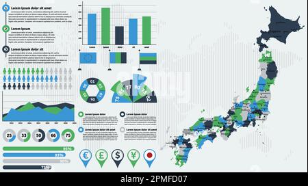 Detaillierte Karte für Japan mit Infografiken. Vektordarstellung. Stock Vektor