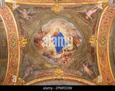 GENUA, ITALIEN - 5. MÄRZ 2023: Das Fresko der Himmelfahrt in der Kirche Chiesa di Santa Maria Maddalena von Domenico Parodi (1712). Stockfoto