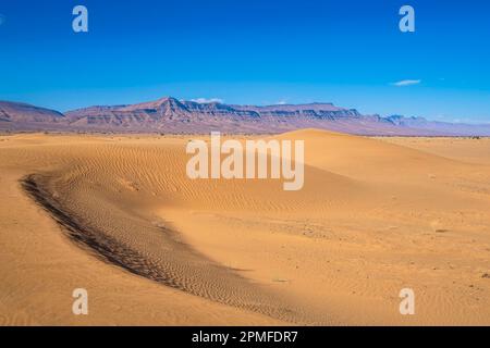 Marokko, Provinz Tata, Sanddünen auf der Straße nach Zagora, Djebel Bani im Hintergrund Stockfoto