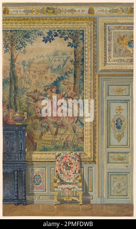 Zeichnung, Abschnitt einer Wand mit flämischem Wandteppich, Wandteppich, Palast von Fontainebleau, Frankreich; entworfen von Frederick Marschall; USA; Bürste und Aquarell, Tempera auf schwerem Papier; 38 x 23,3 cm (14 15/16 x 9 3/16 Zoll) Stockfoto