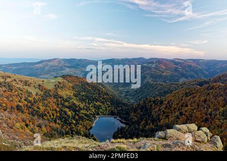 Frankreich, Vogesen (88), Ballons des Vosges Regional Nature Park, La Bresse, Blick vom Gipfel des Hohneck 1363 m, unterhalb des Schiessrothried Sees, im Hintergrund des Grand Ballon Stockfoto