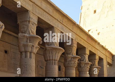 Ägypten, Oberägypten, Nubien, Niltal, Assuan, Agilka Island, Tempel von Philae, UNESCO-Weltkulturerbe, Kolonnaden im Innenhof des Isis-Tempels Stockfoto